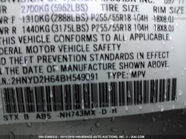 2HNYD2H64BH549091 - 2011 ACURA MDX TECHNOLOGY SILVER photo 9