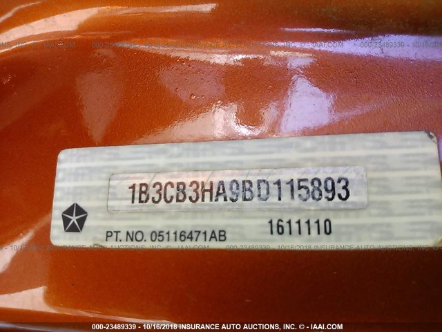 1B3CB3HA9BD115893 - 2011 DODGE CALIBER MAINSTREET ORANGE photo 9