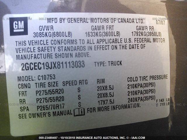 2GCEC19JX81113033 - 2008 CHEVROLET SILVERADO C1500 GRAY photo 9