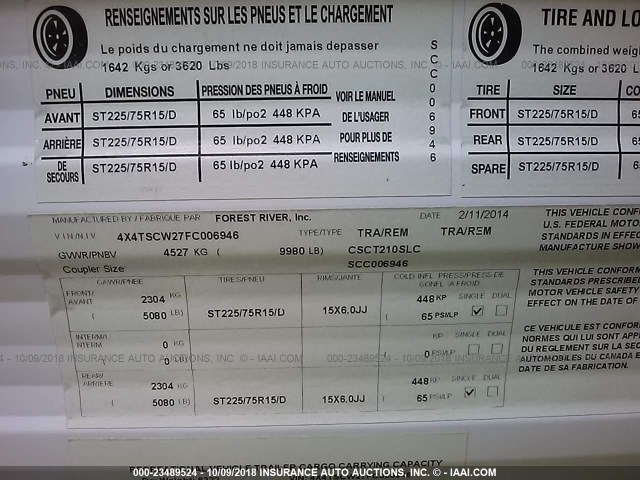 4X4TSCW27FC006946 - 2015 FOREST RIVER SANDSTORM TOY HAULER  Unknown photo 9