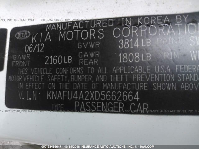 KNAFU4A2XD5662664 - 2013 KIA FORTE EX WHITE photo 9