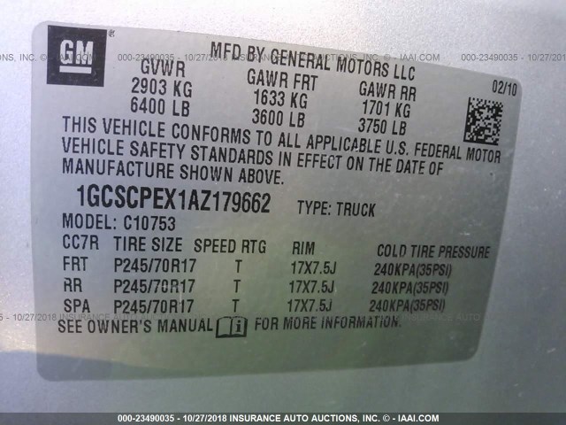 1GCSCPEX1AZ179662 - 2010 CHEVROLET SILVERADO C1500 SILVER photo 9