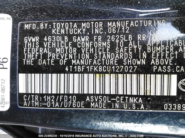 4T1BF1FK8CU127027 - 2012 TOYOTA CAMRY SE/LE/XLE 蓝色 照片 9