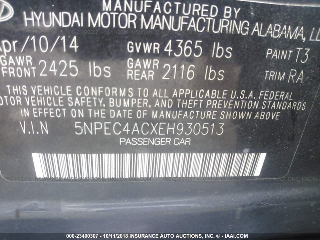 5NPEC4ACXEH930513 - 2014 HYUNDAI SONATA SE/LIMITED BLUE photo 9