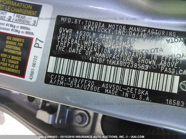 4T1BF1FKXGU238569 - 2016 TOYOTA CAMRY LE/XLE/SE/XSE SILVER photo 9