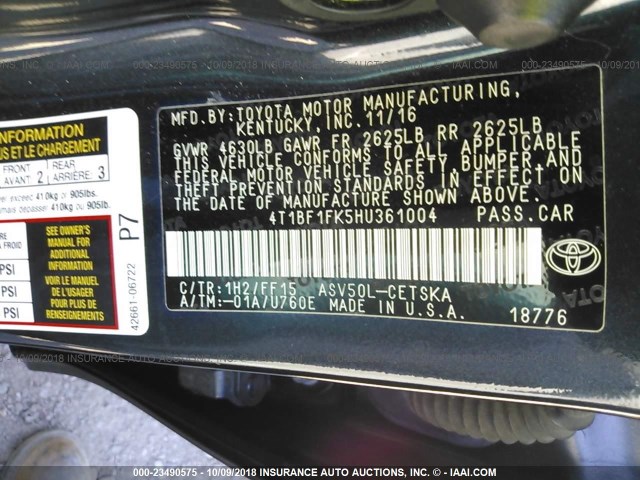 4T1BF1FK5HU361004 - 2017 TOYOTA CAMRY LE/XLE/SE/XSE BLUE photo 9