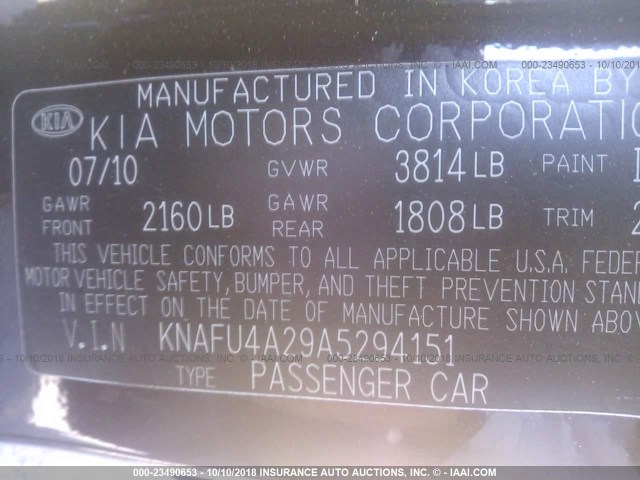 KNAFU4A29A5294151 - 2010 KIA FORTE EX BURGUNDY photo 9