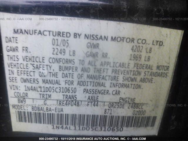 1N4AL11D05C310650 - 2005 NISSAN ALTIMA S/SL BLUE photo 9