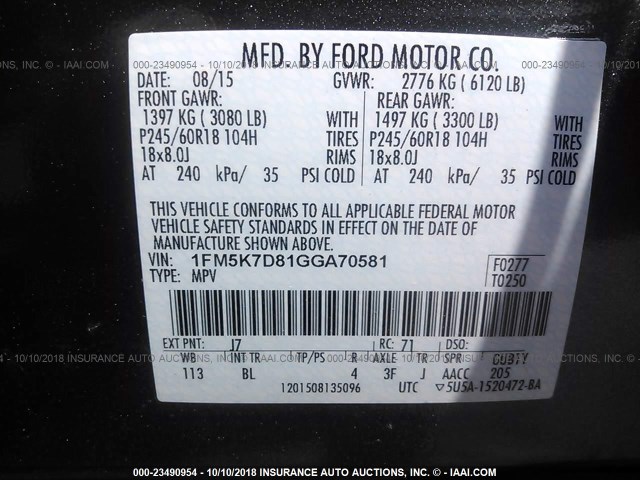 1FM5K7D81GGA70581 - 2016 FORD EXPLORER XLT GRAY photo 9