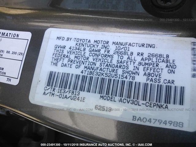 4T1BE32K52U515478 - 2002 TOYOTA CAMRY LE/XLE/SE GOLD photo 9