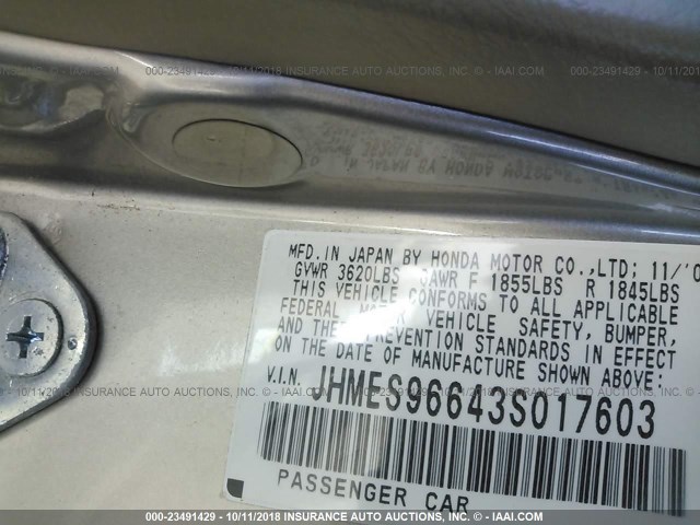 JHMES96643S017603 - 2003 HONDA CIVIC HYBRID GOLD photo 9