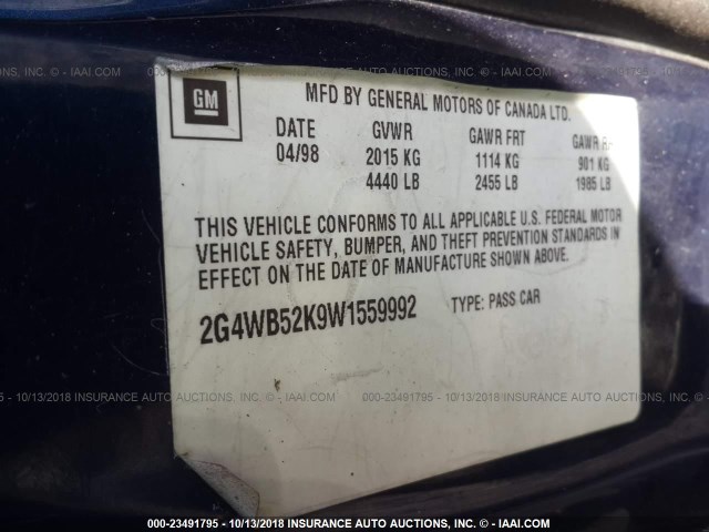 2G4WB52K9W1559992 - 1998 BUICK REGAL LS BLUE photo 9