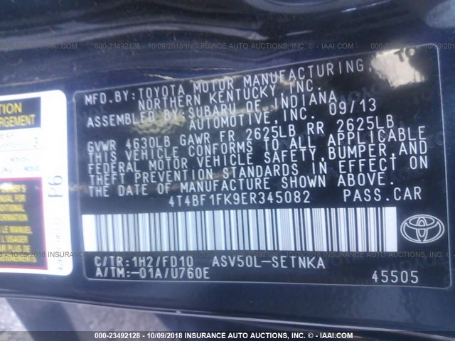 4T4BF1FK9ER345082 - 2014 TOYOTA CAMRY L/SE/LE/XLE Mavi foto 9