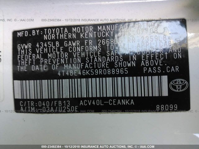 4T4BE46K59R088965 - 2009 TOYOTA CAMRY SE/LE/XLE WHITE photo 9