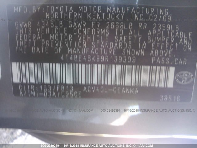 4T4BE46K89R139309 - 2009 TOYOTA CAMRY SE/LE/XLE GRAY photo 9