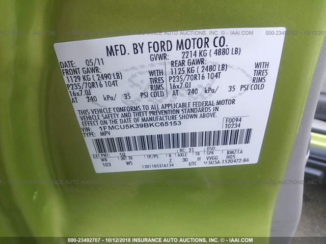 1FMCU5K39BKC65153 - 2011 FORD ESCAPE HYBRID GREEN photo 9