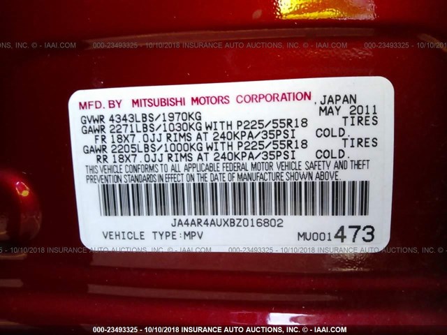 JA4AR4AUXBZ016802 - 2011 MITSUBISHI OUTLANDER SPORT SE RED photo 9