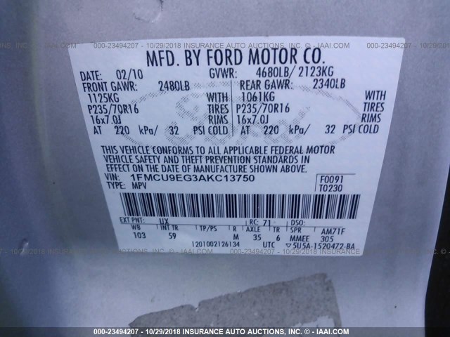 1FMCU9EG3AKC13750 - 2010 FORD ESCAPE LIMITED SILVER photo 9