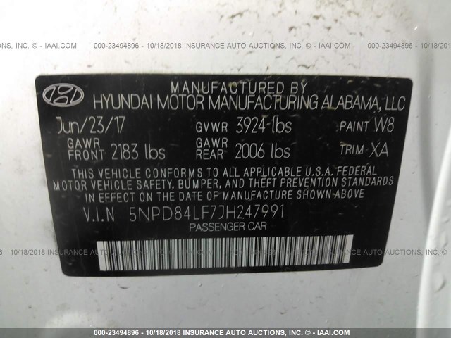 5NPD84LF7JH247991 - 2018 HYUNDAI ELANTRA SEL/VALUE/LIMITED WHITE photo 9