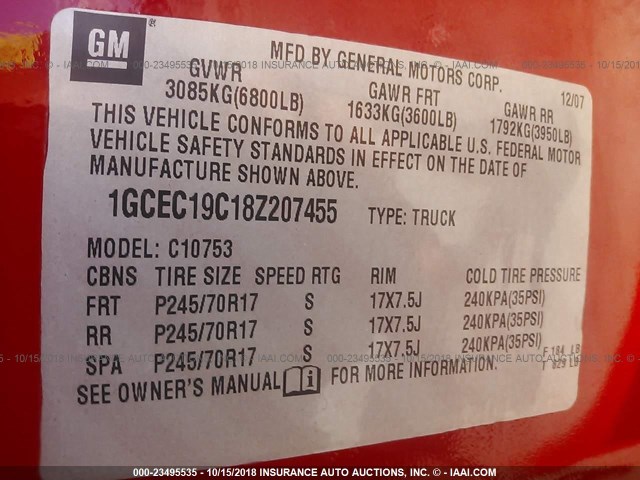 1GCEC19C18Z207455 - 2008 CHEVROLET SILVERADO C1500 RED photo 9