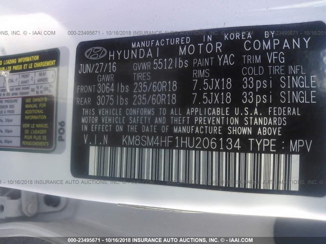 KM8SM4HF1HU206134 - 2017 HYUNDAI SANTA FE SE WHITE photo 9