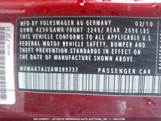 WVWAA7AJ2AW289737 - 2010 VOLKSWAGEN GOLF 红色 照片 9