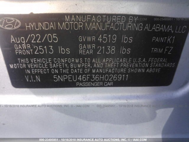 5NPEU46F36H026911 - 2006 HYUNDAI SONATA GLS/LX SILVER photo 9