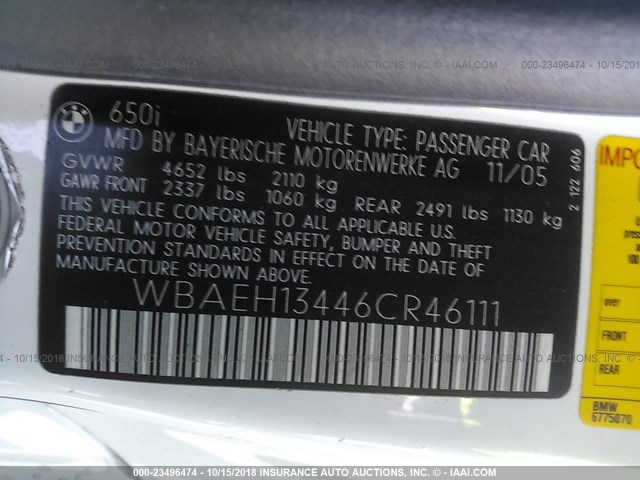 WBAEH13446CR46111 - 2006 BMW 650 I WHITE photo 9