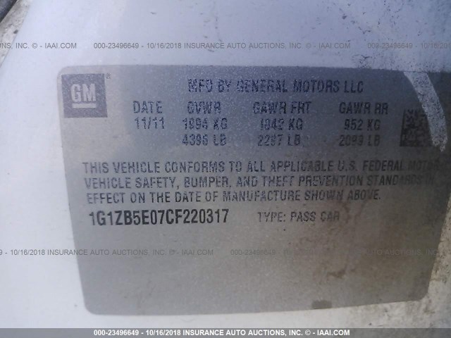 1G1ZB5E07CF220317 - 2012 CHEVROLET MALIBU LS 白色 照片 9