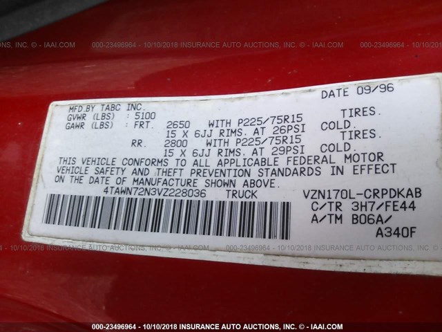 4TAWN72N3VZ228036 - 1997 TOYOTA TACOMA XTRACAB RED photo 9