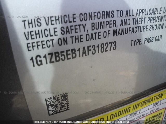 1G1ZB5EB1AF318273 - 2010 CHEVROLET MALIBU LS 灰色 照片 9