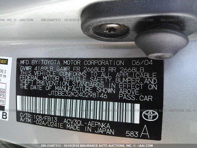 JTDBE32K240298146 - 2004 TOYOTA CAMRY LE/XLE Күміс фото 9