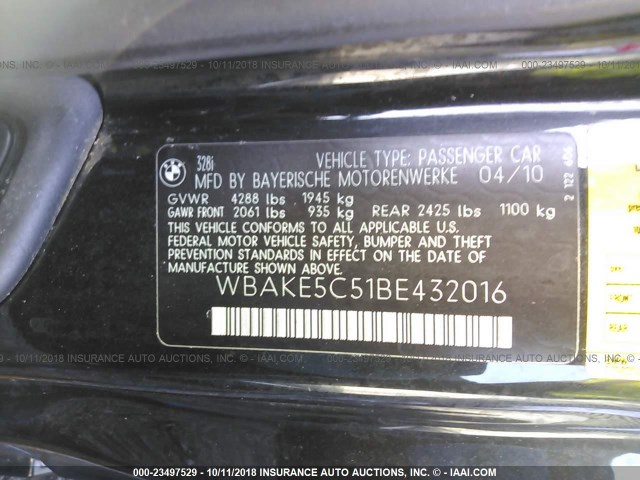 WBAKE5C51BE432016 - 2011 BMW 328 I SULEV BLACK photo 9