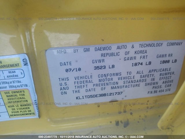 KL1TD5DE3BB121737 - 2011 CHEVROLET AVEO LS/LT Sarı foto 9