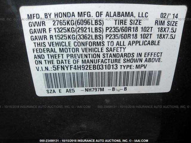 5FNYF4H92EB031013 - 2014 HONDA PILOT TOURING GRAY photo 9