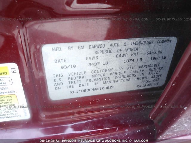 KL1TD6DE4AB109827 - 2010 CHEVROLET AVEO LS/LT BURGUNDY photo 9