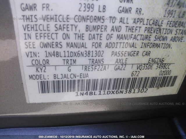 1N4BL11DX6N381302 - 2006 NISSAN ALTIMA SE/SL/SE-R GRAY photo 9