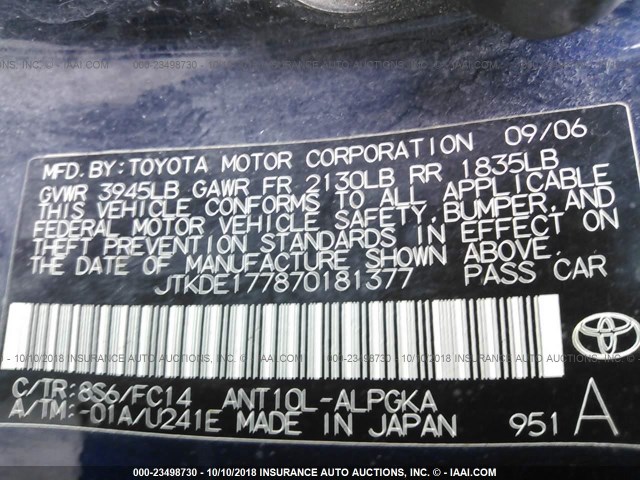 JTKDE177870181377 - 2007 TOYOTA SCION TC 蓝色 照片 9