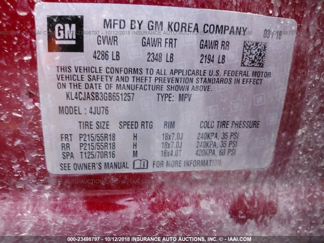 KL4CJASB3GB651257 - 2016 BUICK ENCORE BURGUNDY photo 9