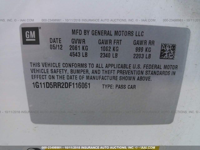 1G11D5RR2DF116061 - 2013 CHEVROLET MALIBU 1LT WHITE photo 9