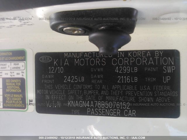 KNAGN4A78B5076152 - 2011 KIA OPTIMA EX/SX WHITE photo 9