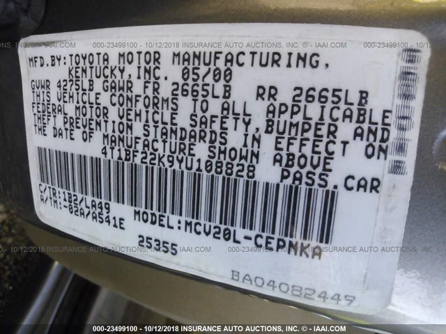 4T1BF22K9YU108828 - 2000 TOYOTA CAMRY LE/XLE BEIGE photo 9