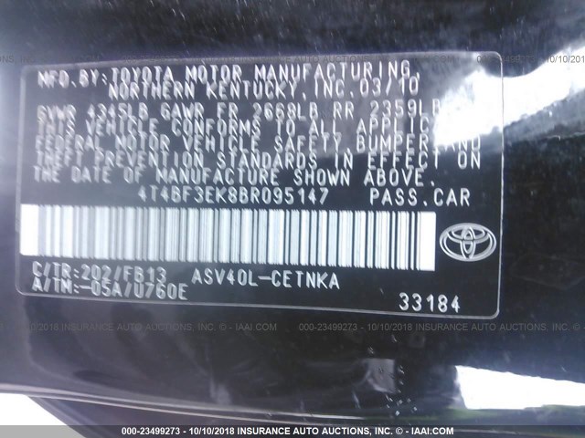 4T4BF3EK8BR095147 - 2011 TOYOTA CAMRY SE/LE/XLE BLACK photo 9