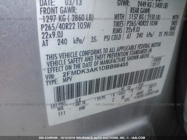 2FMDK3AK1DBB98455 - 2013 FORD EDGE SPORT SILVER photo 9