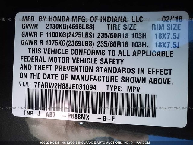 7FARW2H88JE031094 - 2018 HONDA CR-V EXL GRAY photo 9