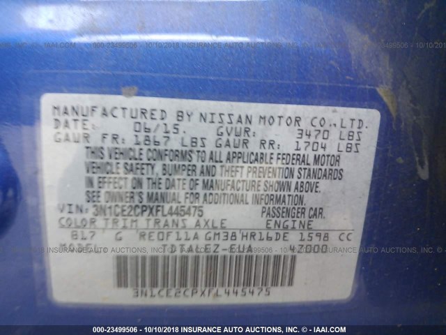 3N1CE2CPXFL445475 - 2015 NISSAN VERSA NOTE S/S PLUS/SV/SL/SR BLUE photo 9