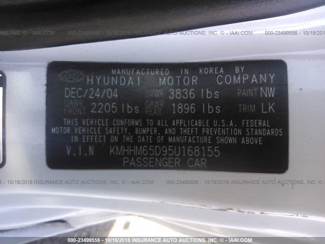 KMHHM65D95U168155 - 2005 HYUNDAI TIBURON WHITE photo 9