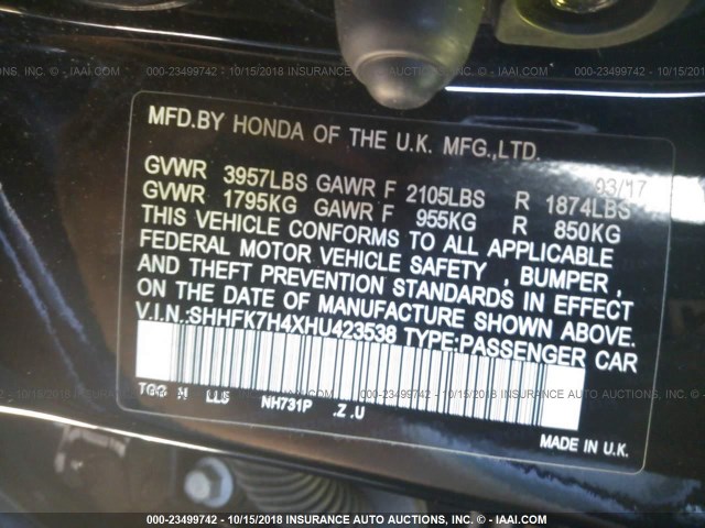 SHHFK7H4XHU423538 - 2017 HONDA CIVIC SPORT 黑色 照片 9