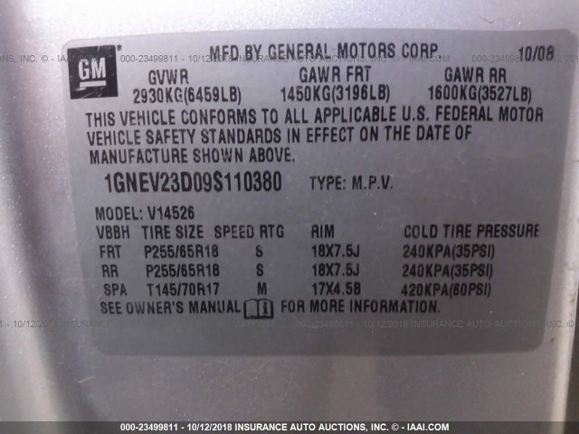 1GNEV23D09S110380 - 2009 CHEVROLET TRAVERSE LT SILVER photo 9