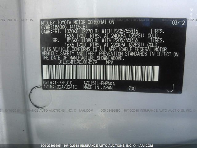 JTLZE4FE9CJ014579 - 2012 TOYOTA SCION XB Gümüş foto 9